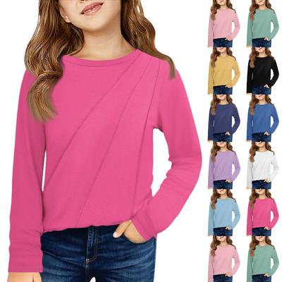 Girls' Long Sleeve Tee - Pleated Round Neck Casual Top