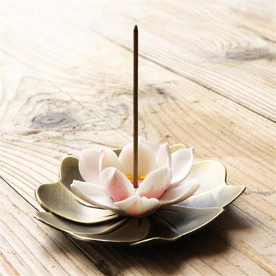 Ceramic Lotus Incense Burner with Antique Copper Base Incense Stick Holder Aroma Censer Home Teahouse Decor Ornaments