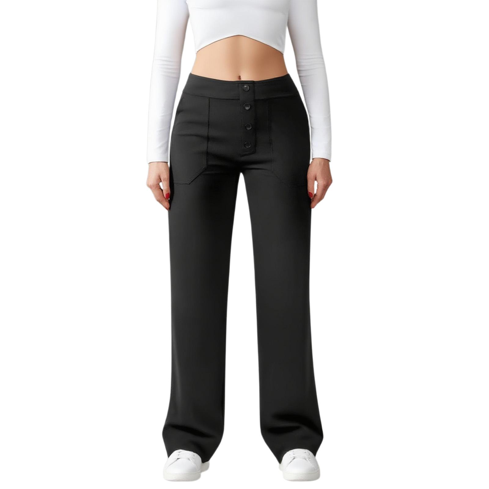 

Женские повседневные брюки с высокой талией и прямыми штанинами, эластичные, на пуговицах, деловые, формальные, для работы, с карманами L чёрный