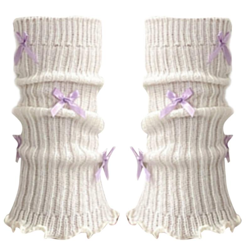 Sweet Girls Leg Warmers Women Ribbed Knit Striped Foot Cover Elegant Bowknot Ruffled Trim Boot Cuffs Footless Calf Socks