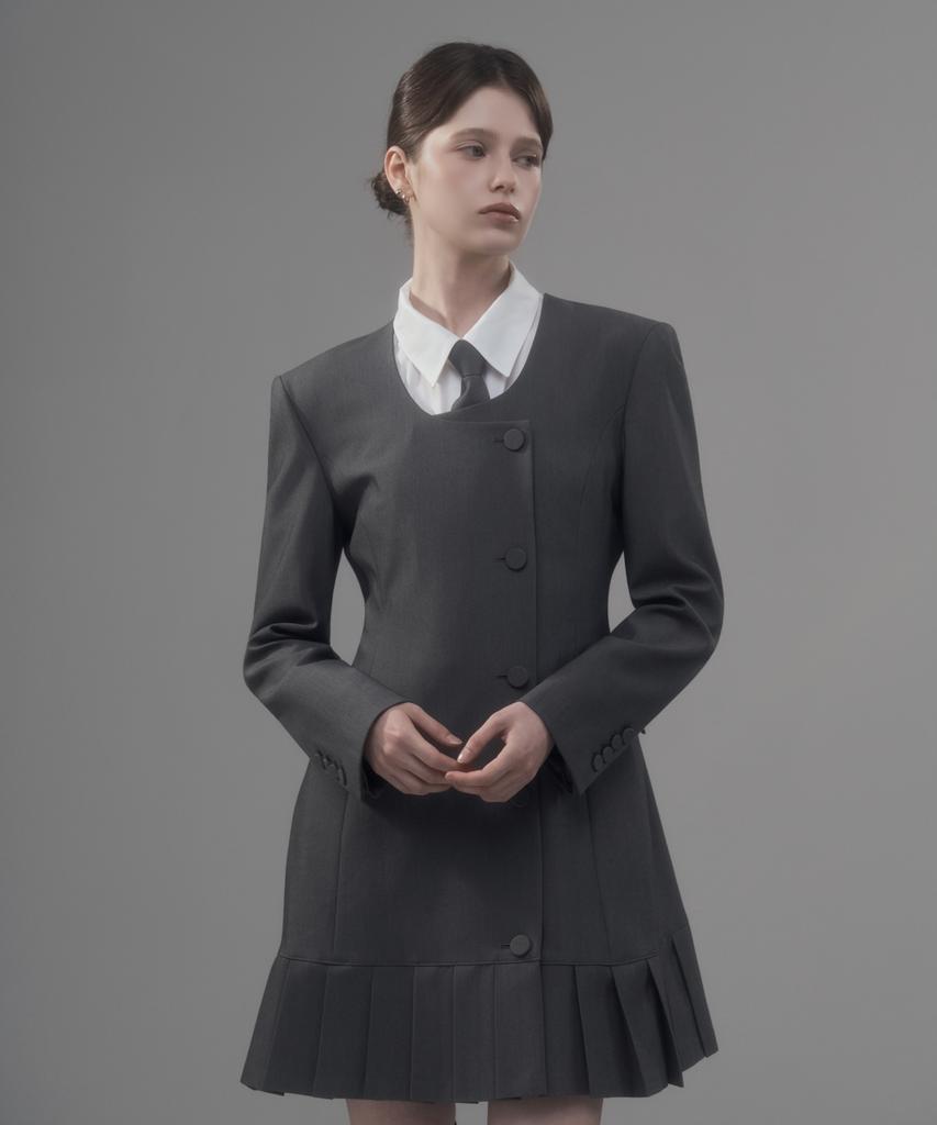 Mausolleum Jenn Round Neck Pleated Suit Jacket Dress - Gray