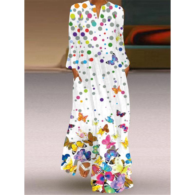 Purple Butterfly Pattern 3D Print V-neck Long-Sleeve Dress Stage Show Women's Travel Holiday Style Beach Dress