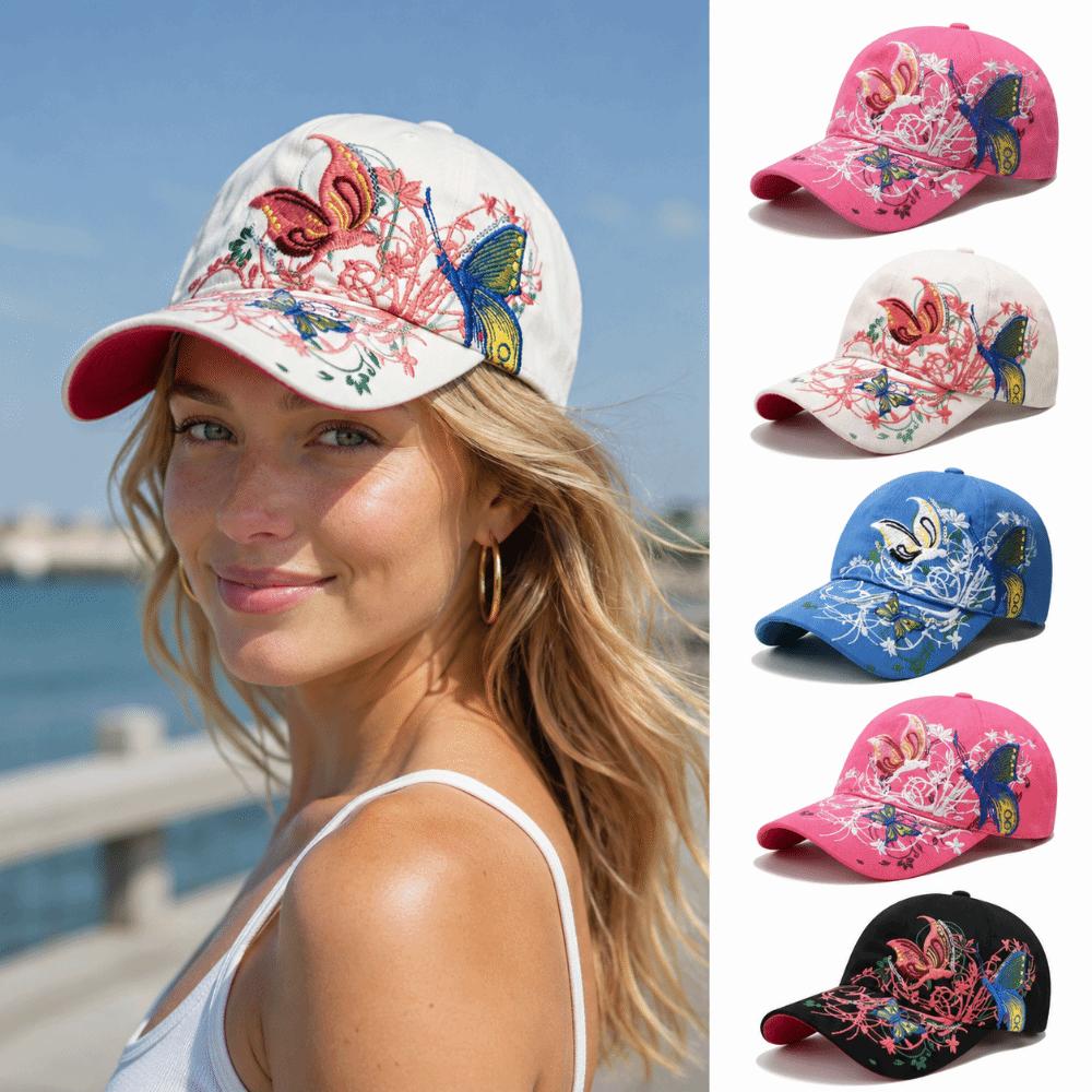 Breathable Floral Butterfly Embroidery Hat Adjustable Women Baseball Cap Curved Brim Hat  For Women