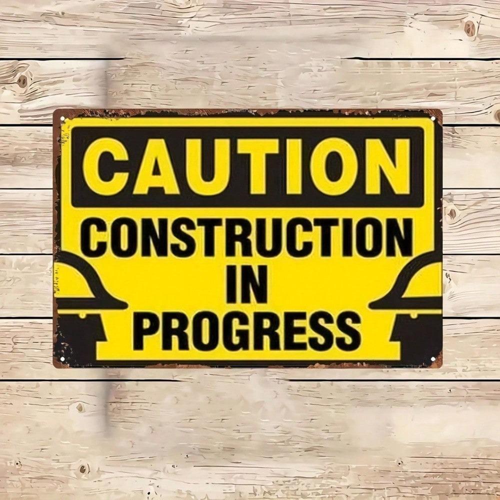 1pc Vintage Iron Construction Warning Sign 8x12in Rustic Metal Wall Decor Hard Hat Icon In Progress Farmhouse