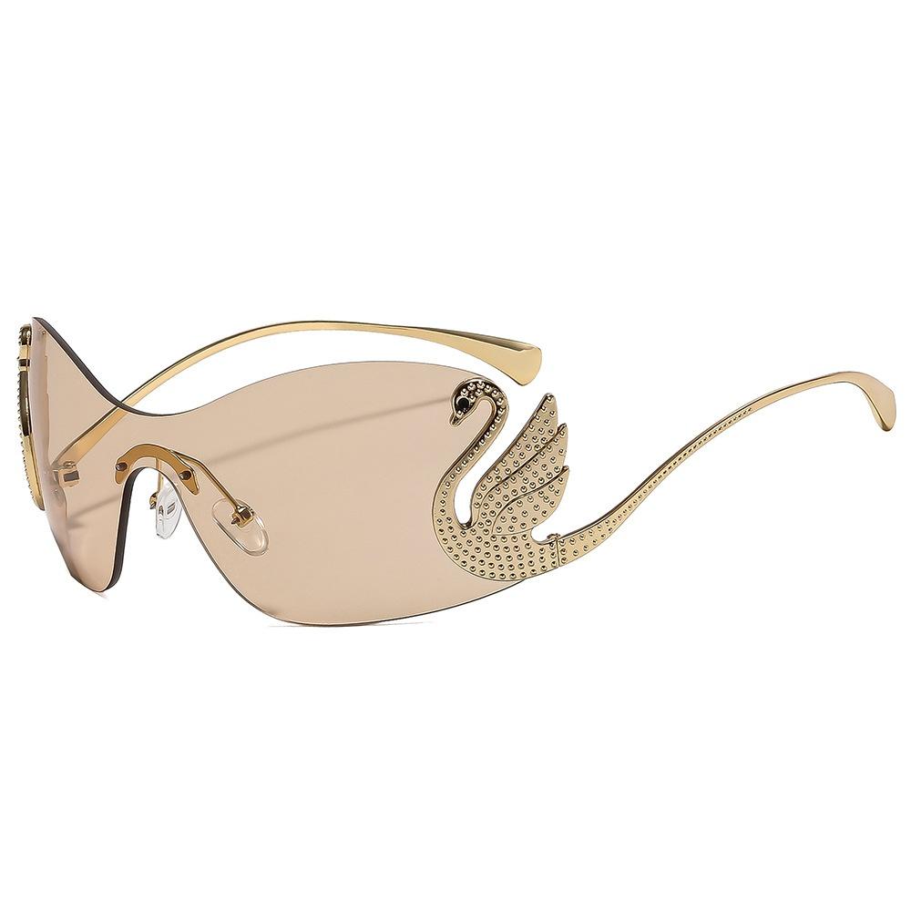 New Fashion Women Oversized Frameless Sunglasses Ins Luxury Personality Swan Inlaid Integrated Gradient Lens Sun Glasses Uv400