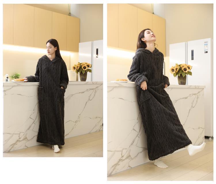 Damen Kapuzen-Zopfstrick-Pyjama-Set - Einfarbig, Dickes Korallenfleece, Plus Samt, Niedlicher langer Bademantel, Perfekt für Herbst und Winter