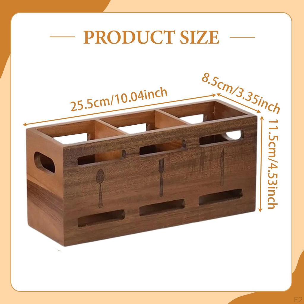 Organizator din lemn pentru tacâmuri, Suport pentru tacâmuri cu 3 compartimente, Recipient anti-alunecare pentru ustensile de bucătărie