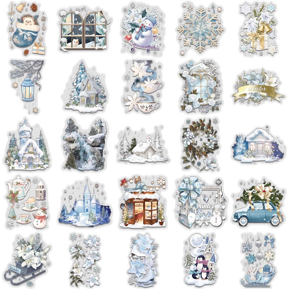 50 Sheets: Winter Watercolor Transparent PET Stickers for Bottles, Phones, and Computers