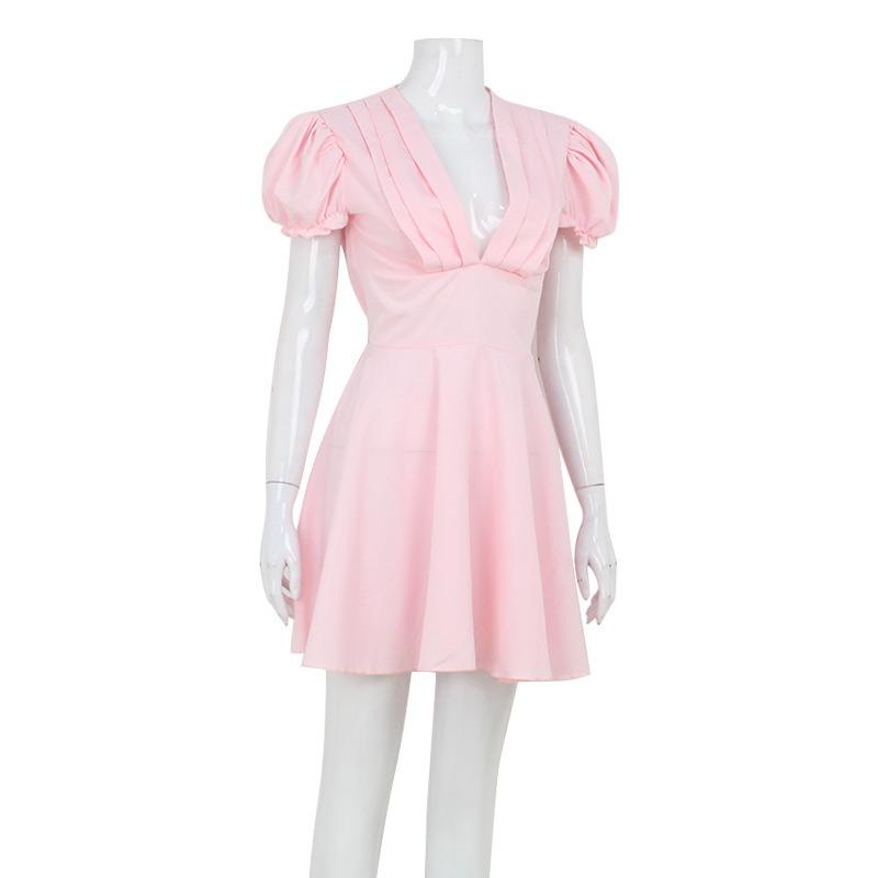 Moda de vară Temperament Socialite Rochie scurtă umflată cu decolteu în V adânc cu mâneci cu bule