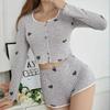2026 Spring Summer Heart Print Pajamas Set for Women Homewear Gray Long Sleeve Crop Tops and Shorts 2 Pieces Sexy Short Pijamas Sleepwear Loungewear