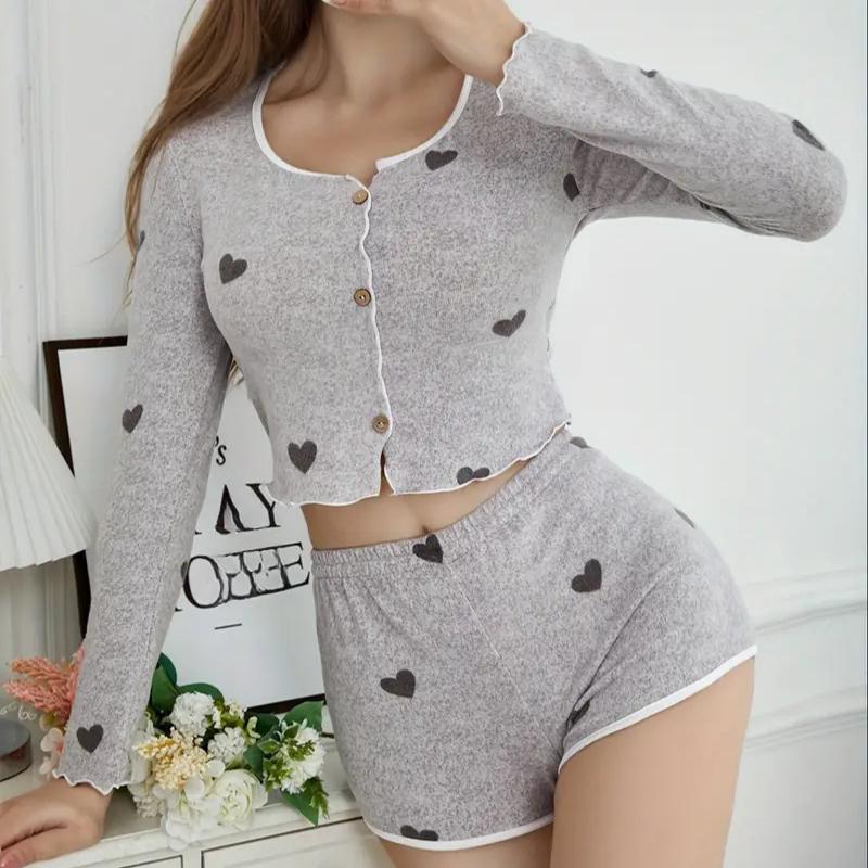 2026 Spring Summer Heart Print Pajamas Set for Women Homewear Gray Long Sleeve Crop Tops and Shorts 2 Pieces Sexy Short Pijamas Sleepwear Loungewear