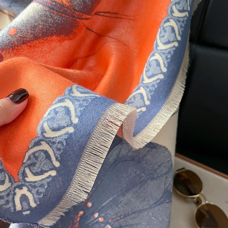 Autumn and winter Chinese style imitation cashmere lotus scarf women's office air conditioner shawl dual-purpose thickened warm scarf