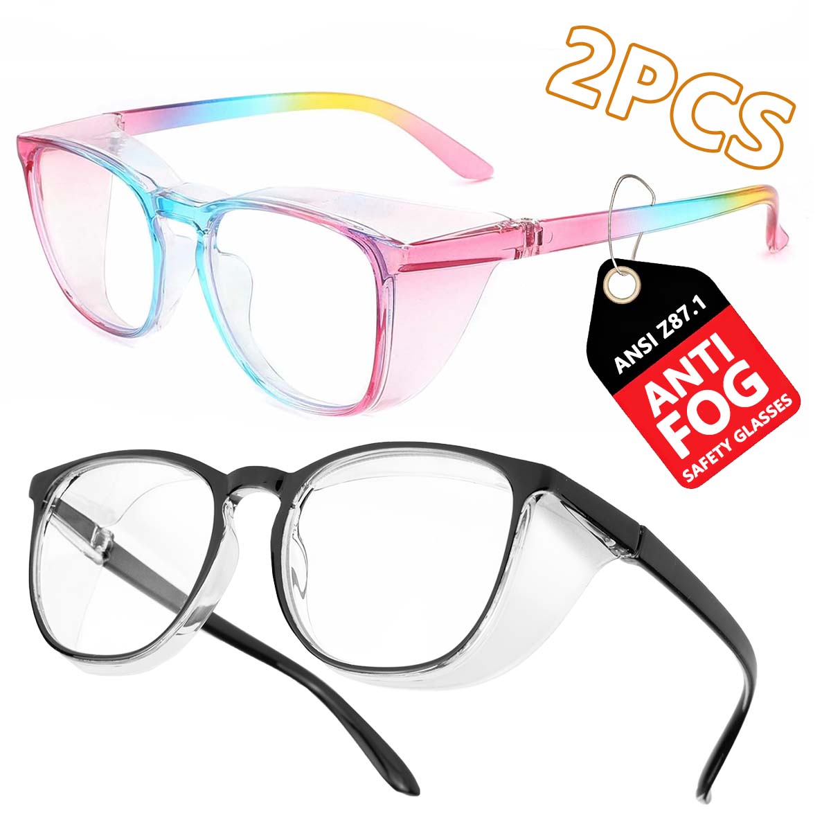 

Safety Glasses Protective Eyewear Blue Light Blocking Anti Dust UV Protection Glasses For Men Women (2PC (Rainbow+Black) HM9