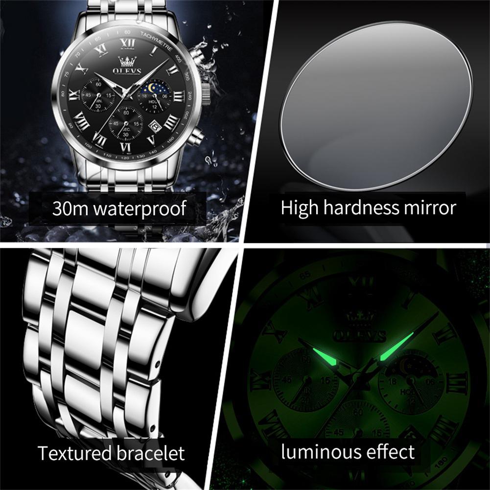 OLEVS Men's Watches Sport Fashion Fine Steel Original Brand Quartz Wristwatch for Man Roman Scale Waterproof Moon Phase Date New