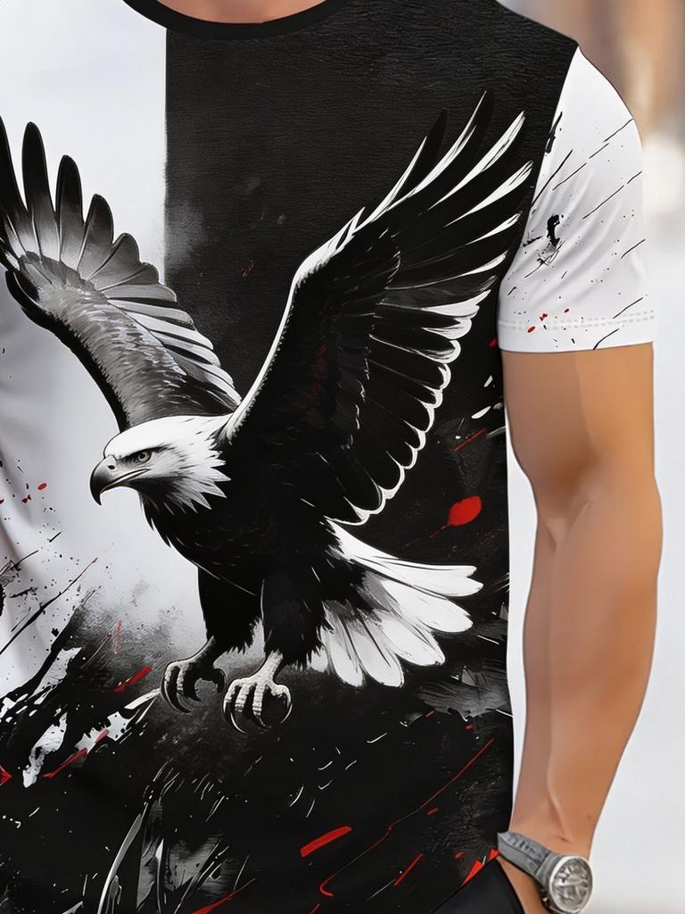 [Print Design - Not Textured /2D Printing] Ink Style Soaring Eagle Print Short Sleeve T-Shirt Men'S Black And White Splatter Bold Animal Casual Plus