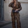 European & American Leopard Print Lapel Suit Jacket with High Waist Wide-Leg Pants Two-Piece Set