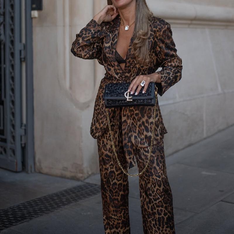 European & American Leopard Print Lapel Suit Jacket with High Waist Wide-Leg Pants Two-Piece Set