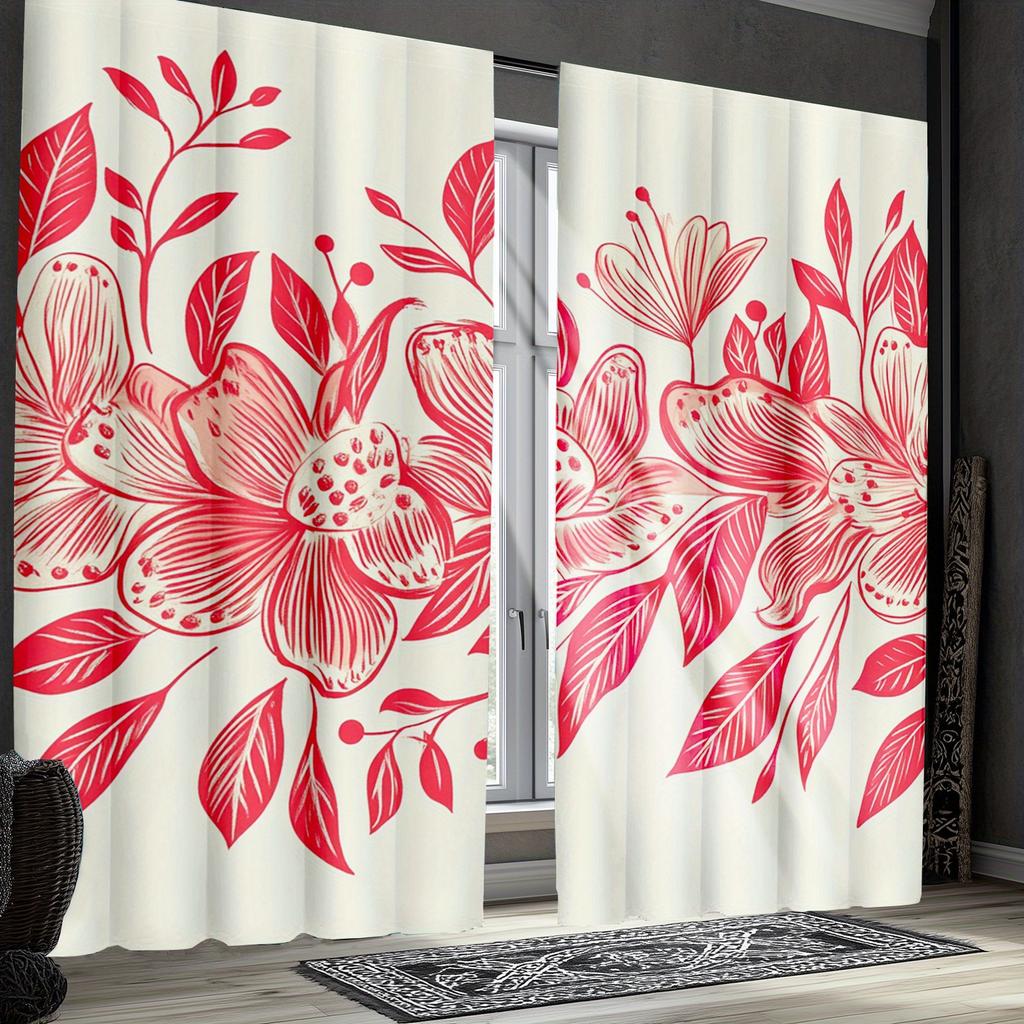 2pcs Classic Vintage Floral Curtains, Traditional Retro Flower Pattern, Polyester Material for Living Room Decor