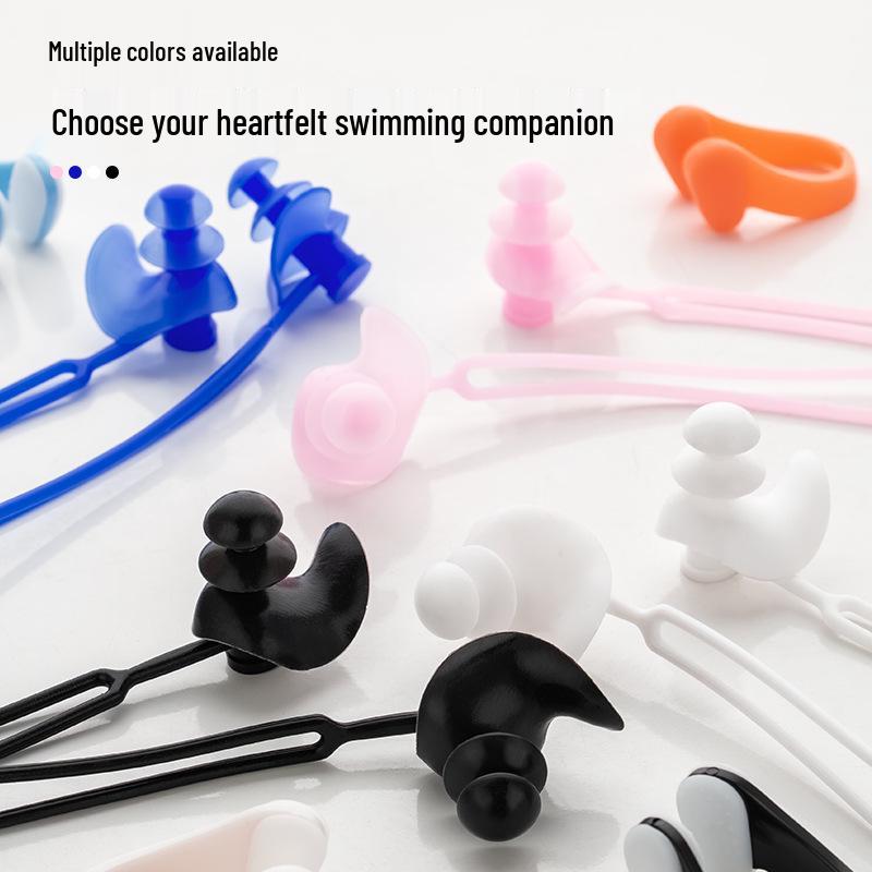 3-Layer Waterproof Silicone Swimming Earplugs & Nose Clip Set with Anti-Drop Cord