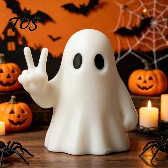 Whimsical Halloween Ghost Statue Figurine with Peace Sign, Spooky White Small Magic Crucible Decor Statue, Cute Tabletop Ornament for Shelf,