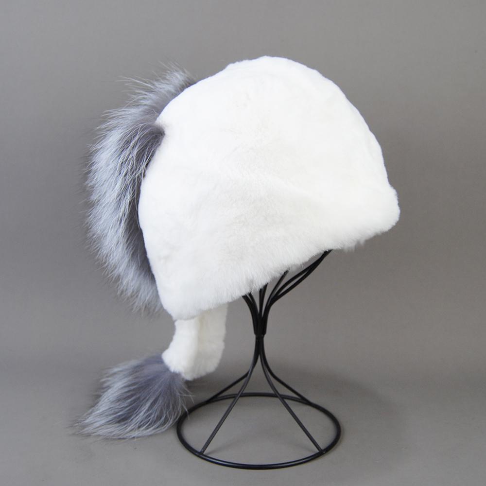 

New Winter Fur Hat for Women Real Rex Rabbit Fur Hats with Silver Fox Fur Flower Knitted Beanies Caps New High-end Women Fur Cap Adjustable белый