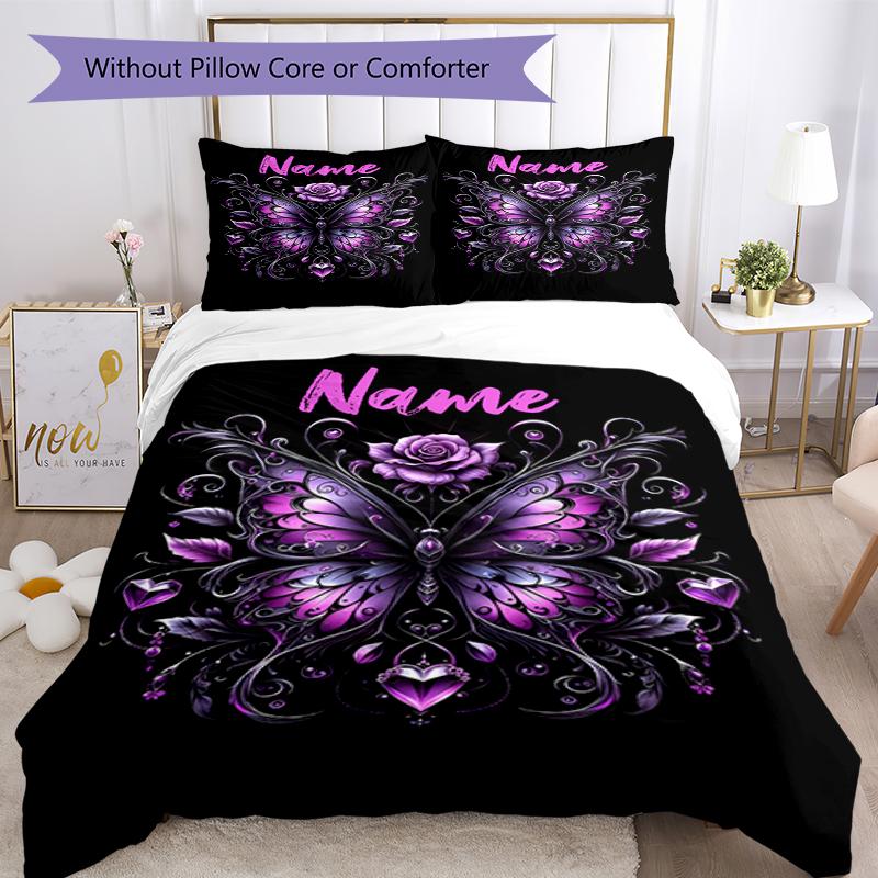 3pcs Custom Name Butterfly Bedding Set Duvet Cover Closure Includes 1 Duvet Cover & 2 Pillowcases, Soft and Comfortable for All Seasons.