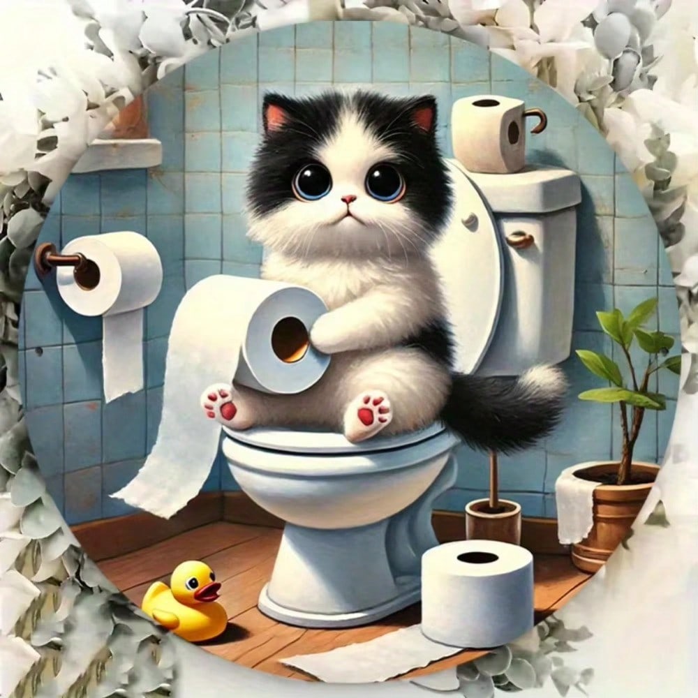 Vintage Cat On Toilet Round Metal Sign Retro Wall Art For Bathroom Decor