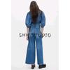 Lapel Puff Sleeves Denim Shirt 5216053 Washing Effect High Waist Wide Leg Denim 6840055