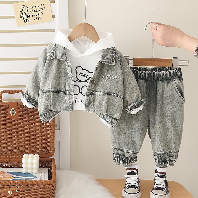 Boys' Long Sleeved 3-piece Set, 0-5-year-old Boys' Fashion Suit, Children's Denim Jacket+white T-shirt+denim Pants