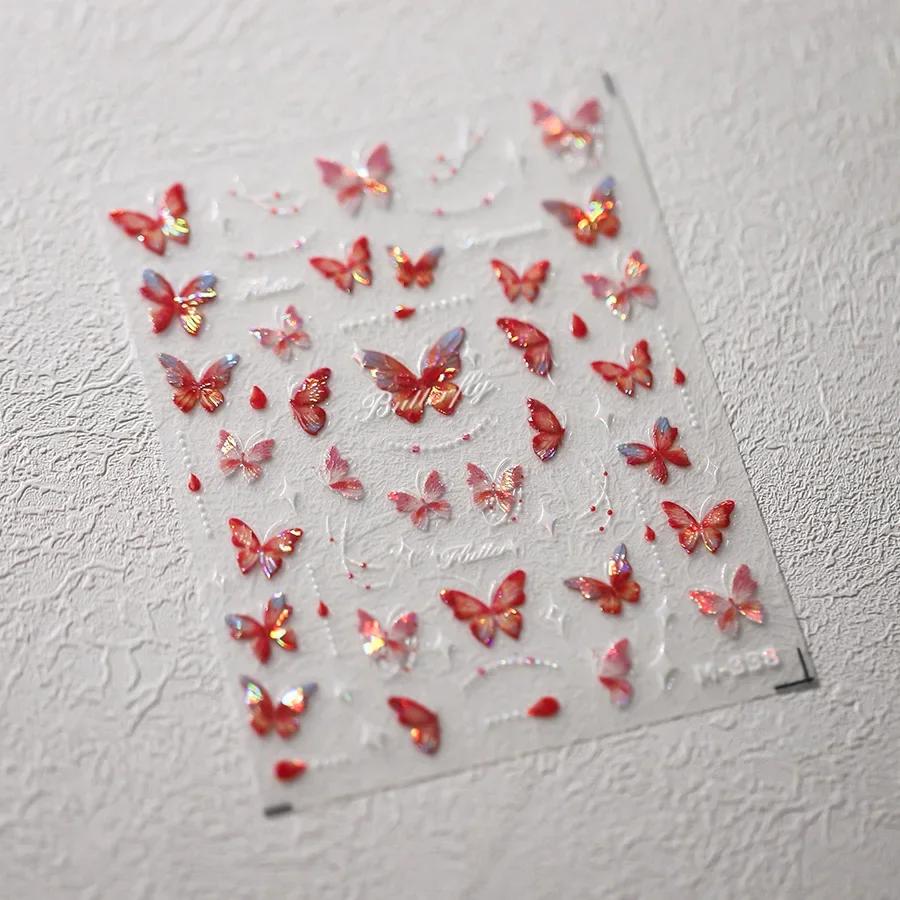 Gradient White Pink Butterfly Flower Shiny Stars Chic Spring Petal 5D Soft Adhesive Nail Art Stickers Decorations Manicure Decal