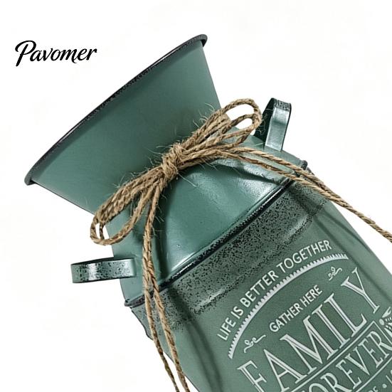 American Pastoral Style Decor Vintage Metal Milk Can Vase, Farmhouse Iron Flower Bucket with Handles & Jute Handmade Hemp Rope Ornament Bow,