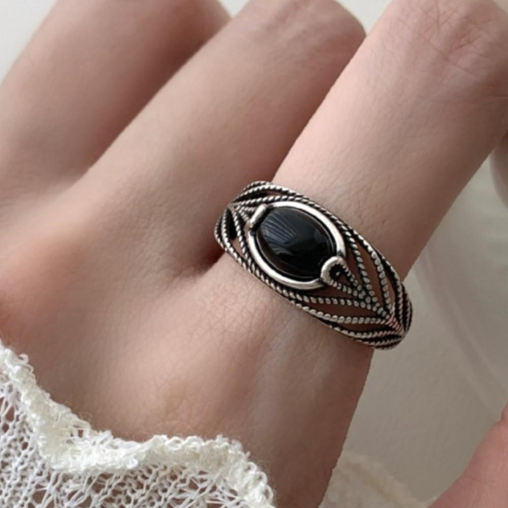 

PANJBJ 925 Sterling Silver Black Agate Rings for Women Line Texture Hollow Out Design Retro Jewelry Gift Dropshipping