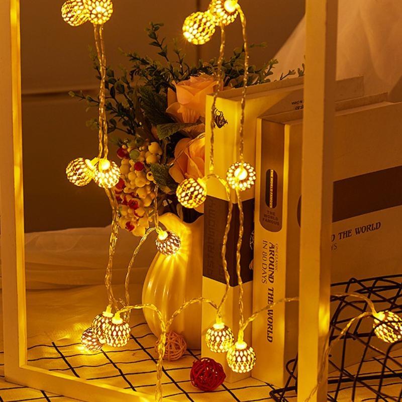 Iron Moroccan Ball Light String Ramadan Atmosphere Decoration LED Light String Cabinet Courtyard Decoration Hollow Ball