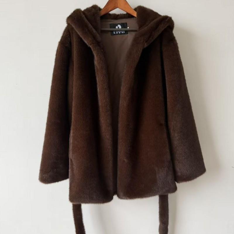 Womens Mid-Length Faux Mink Fur Coat With Hood Waist Tie Street Style Winter Outerwear