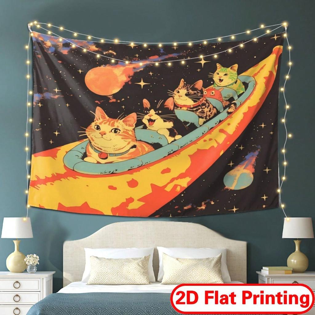2D Flat Printing Space Cats Roller Coaster Tapestry Cute Astronaut Kitten Print Wall Hanging For Kids Bedroom Dorm Room Decor Mu