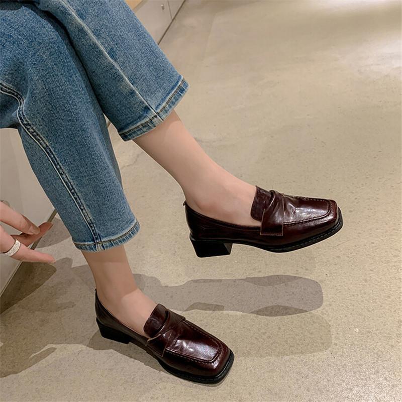 Fashion 2025 New Autumn Genuine Leather Loafers Square Toe Chunky Heels Winter Women Pumps Shoes for Women Zaptos De Mujer Brown Shoes