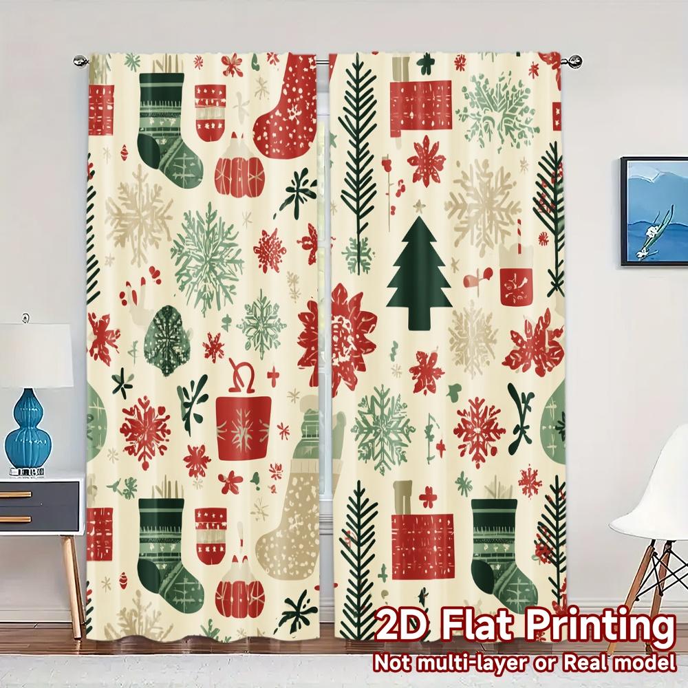 

2D Flat Printing JIT 2pcs Curtains (Without Rod) FestivePatterns Print Modern Curtains Yarn Curtains Holiday for Living Room & 100*130 Grommet Top 1pcs