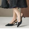 Small size 313233 back hollow toe high heels sandals spring and summer new French pumps black pointed toe shoes