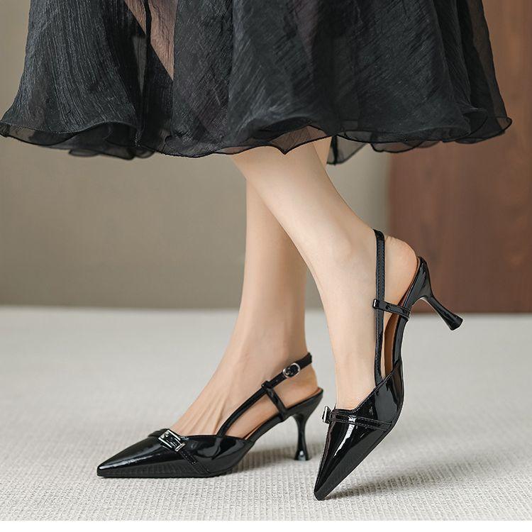 Small size 313233 back hollow toe high heels sandals spring and summer new French pumps black pointed toe shoes