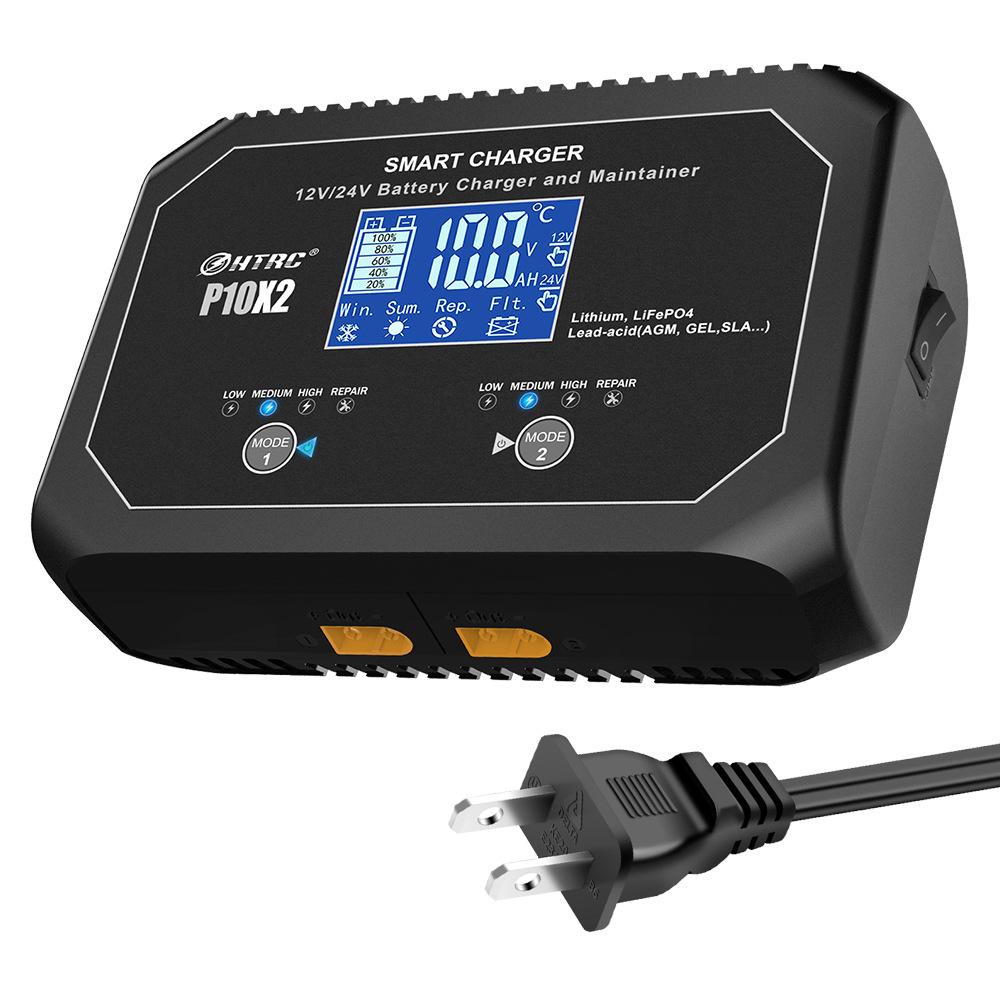 

P10X2 12 В 10 А 24 В 5 А Двойное интеллектуальное зарядное устройство для аккумуляторов автомобилей, мотоциклов Lifepo4 свинцово-кислотные AGM GEL PB литиевые автомобильные аккумуляторы ремонт US Plug чёрный