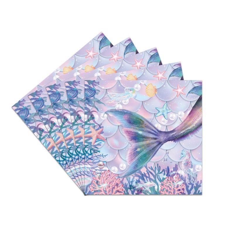 Purple Fish-Scale Mermaid-Themed Party Decoration Set: Disposable Mermaid-Tail Tablecloths, Paper Cups, Napkins, and Plates for Girls' Birthdays