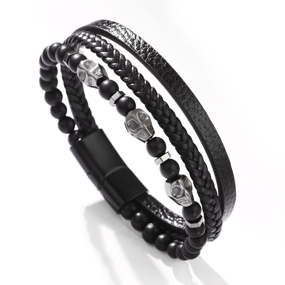 Men s Multi-Layer Skull Leather Bracelet, Braided Wristband with Natural Stone Beads, Magnetic Clasp 19cm чёрный