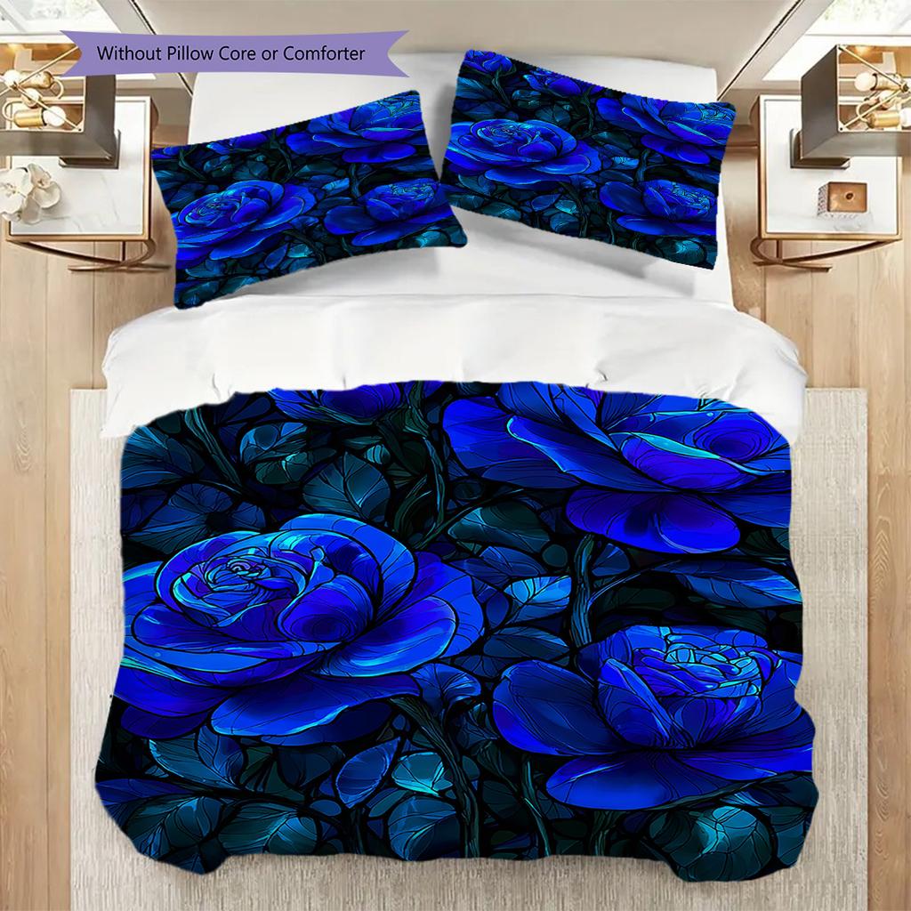 Blue Rose Pattern Bedding Quilt Set Quilt Cover Pillowcase Home Decoration Birthday Gift (1 * Duvet Cover + 2 * Pillowcase, Without Core)