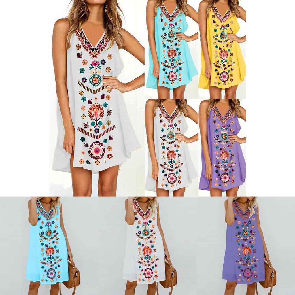 Womens Midi Dress Sleeveless Boho Beach Casual Floral Sundress Perfect For Summer