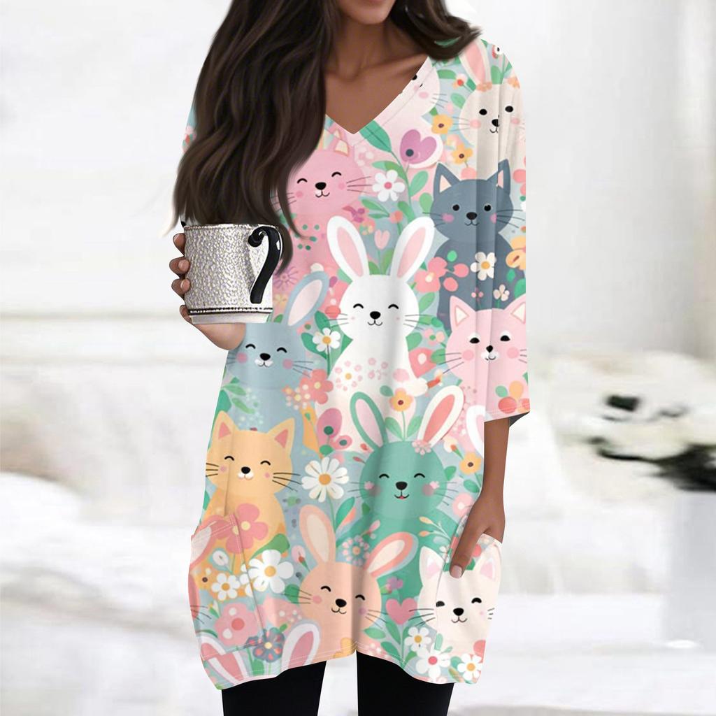 Womens Tops V-neck 3/4 Sleeve Blouses Casual Mid-length Shirts Fashion Print Tunic Tops With Pockets