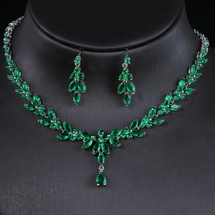 

Exquisite Jewelry Sets For Women Wedding Party Accessories Cubic Zircon Stud Earrings & Necklace Gift 44cm зелений