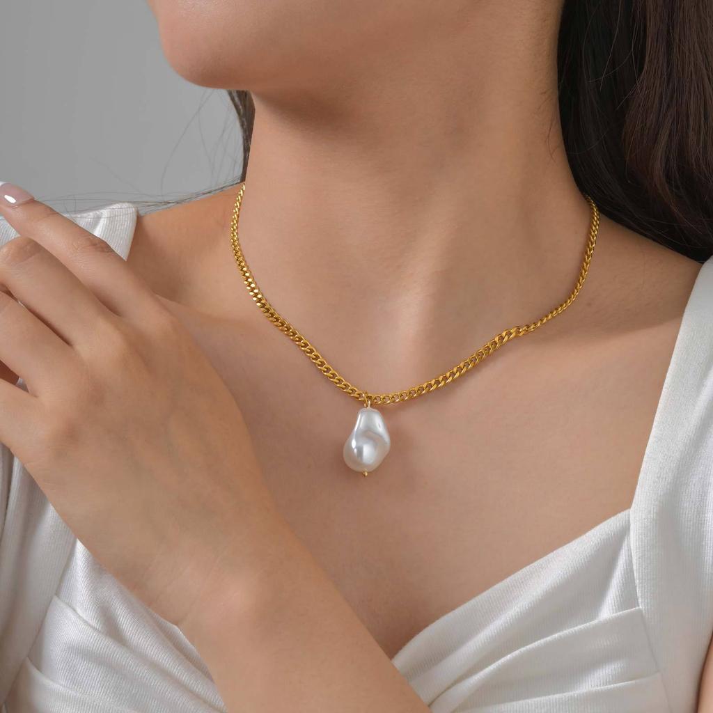 Schmuck Edelstahl Schleifkette Imitation Barockperle Gold Halskette Damen 2124