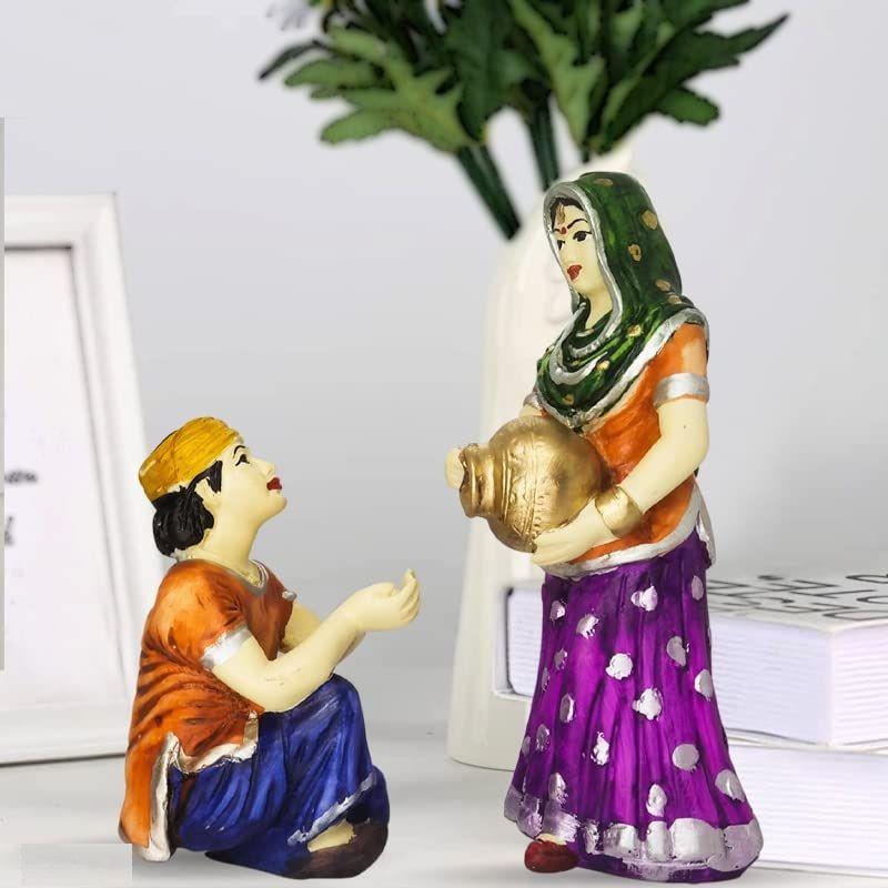 Village Women with Water Pot Idol Statue Decoreative Showpiece for Home Decor | Handcrafted and Hand Painted (Pack of 2, Multicolor)