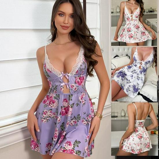 European and American Style Sexy Mesh Floral Lace Camisole Nightgown for Women