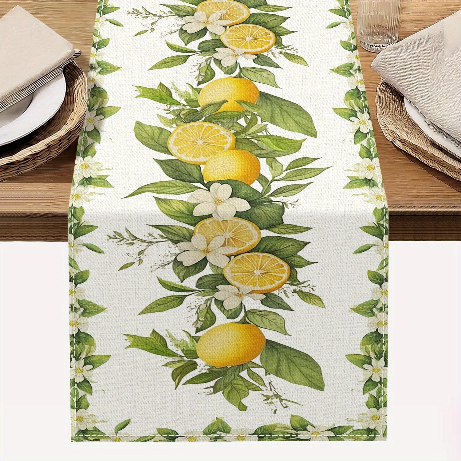 Chemin de table en lin imprimé Fleurs de citron d'été Décoration de fête de vacances Lavable Chemin de table pour table de cuisine salle à manger style ferme Décoration intérieure 150x33cm beige